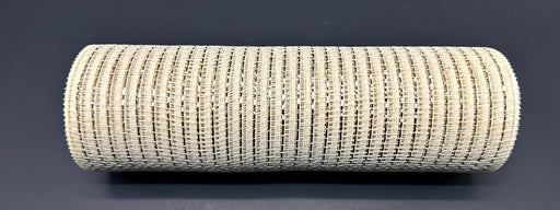 Against a dark background stands the 10"X10Y Ivory/Champagne Breeze Metallic Mesh XB240810-18, a cylindrical object crafted from intricately woven material that exudes an elegant ivory hue and features a textured pattern reminiscent of finely interlaced metallic mesh.