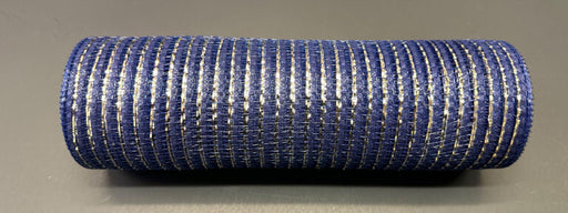 The 10X10Y Navy/Champagne Breeze Metallic Mesh XB240810-27, with shimmering silver stripes, rests on a dark surface—ideal for adding elegance to craft and décor projects.