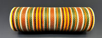 The 10X10Y Orange-Moss-Brown-Ivory Striation Mesh (XB240910-19) is a cylindrical woven item with colorful vertical and horizontal stripes, shown on a dark gray background.