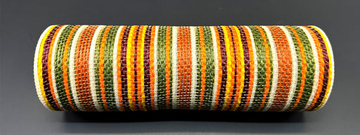The 10X10Y Orange-Moss-Brown-Ivory Striation Mesh (XB240910-19) is a cylindrical woven item with colorful vertical and horizontal stripes, shown on a dark gray background.