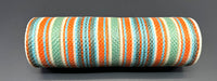A cylindrical object with a woven look, featuring teal, rust, and ivory stripes like the 10X10Y Rust-Teal-Ivory Striation Mesh XB240910-33, set against a dark gray background.