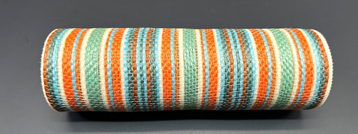 A cylindrical object with a woven look, featuring teal, rust, and ivory stripes like the 10X10Y Rust-Teal-Ivory Striation Mesh XB240910-33, set against a dark gray background.