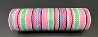 A 10"X10Y Pink-Mint-Red/Aqua Metallic Striation Mesh (XB240910-44) is a cylindrical object wrapped in alternating colored fabric strips with pink, mint, and red hues. Its surface displays a grid-like pattern enhanced by metallic striation mesh that adds visible texture. Positioned horizontally against a dark background, this cylinder's vibrant colors are further highlighted.