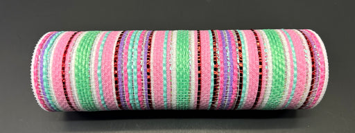 A 10"X10Y Pink-Mint-Red/Aqua Metallic Striation Mesh (XB240910-44) is a cylindrical object wrapped in alternating colored fabric strips with pink, mint, and red hues. Its surface displays a grid-like pattern enhanced by metallic striation mesh that adds visible texture. Positioned horizontally against a dark background, this cylinder's vibrant colors are further highlighted.