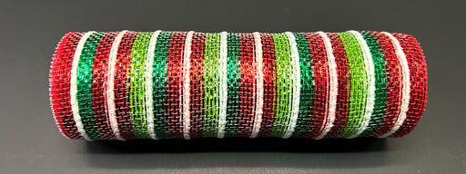 The 10X10Y Red-Lime-Emerald Metallic Stripe/White Fuzzy Mesh (XB241110-17) features shiny red, lime, and emerald stripes with white fuzzy mesh, shown against a dark background.