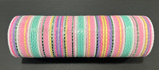 The 10X10Y Pastel Spring Striation Mesh (XB251510-03) is a cylindrical roll of fabric with vibrant horizontal pastel stripes in pink, turquoise, yellow, and green against a dark background, ideal for versatile crafting.