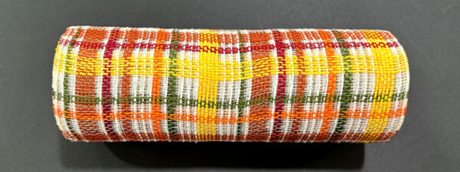 A 10X10Y Rust-Moss-Yellow Fall Plaid Mesh (XB253110-01) featuring a red, yellow, orange, green, and white plaid pattern is displayed against a dark background.