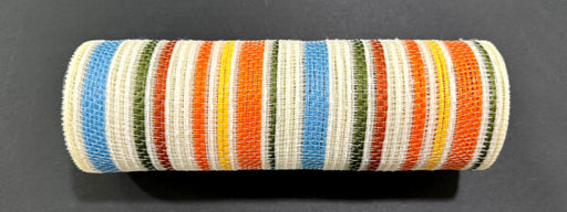 The 10X10Y Blue Orange Moss Yellow Fall Stripe Mesh (XB253210-05) features horizontal stripes in blue, yellow, orange, green, red, and white, displayed on a cylindrical object against a dark gray background.