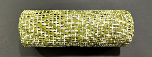 The 10X10Y Textured Weave Moss-Ivory Mesh (XB253510-08) is displayed as a cylindrical object on a dark, solid surface.