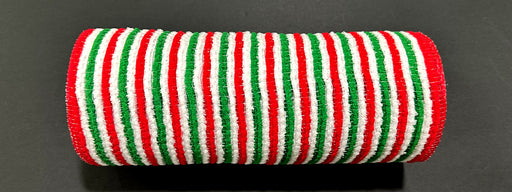 The 10X10Y White-Green-Red All Snow Fuzz Stripe Mesh (XB253710-17) is a cylindrical hair roller with white, green, and red horizontal stripes and a snow fuzz mesh texture, shown on a flat black surface.