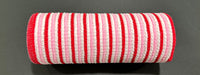 A close-up of a red and white striped hair roller, its textured surface similar to the 10X10Y White-Pink-Red All Snow Fuzz Stripe Mesh XB253710-44, lies horizontally on a dark background.