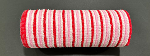 A close-up of a red and white striped hair roller, its textured surface similar to the 10X10Y White-Pink-Red All Snow Fuzz Stripe Mesh XB253710-44, lies horizontally on a dark background.