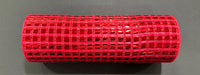 A 10X10Y roll of red metallic wide mesh (XB254110-12) with a grid pattern is displayed on a plain dark surface, highlighting its shiny metallic texture.