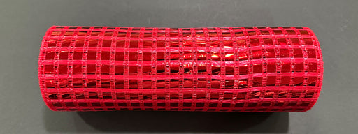 A 10X10Y roll of red metallic wide mesh (XB254110-12) with a grid pattern is displayed on a plain dark surface, highlighting its shiny metallic texture.