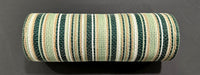 The 10X10Y Moss-Sage-Mint Varied Stripe Mesh (XB254210-08), a cylindrical roll with alternating moss sage mint, tan, and off-white stripes, is displayed on a black surface.