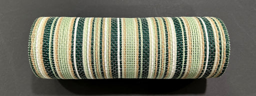 The 10X10Y Moss-Sage-Mint Varied Stripe Mesh (XB254210-08), a cylindrical roll with alternating moss sage mint, tan, and off-white stripes, is displayed on a black surface.