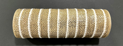 A 10X10Y Champagne Heavy Metallic Snowball Mesh ribbon (XB254610-14) with white stripes lies on a dark surface, its metallic woven texture and cylindrical shape reflecting the light.