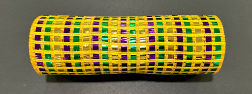The 10X10Y Green-Gold-Purple Metallic Wide Mesh (XB254710-01) features a yellow grid with shiny green, gold, and purple squares and is displayed on a dark gray background.