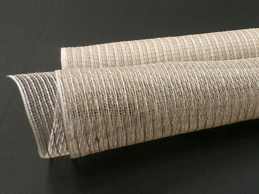 Two rolls of the 10X10Y Ivory Burlap Mesh XB94510-15 with a coarse, grid-like texture lie on a black surface, partially unrolled. The material features horizontal stitching forming parallel lines, ideal for crafting projects or decor accents.