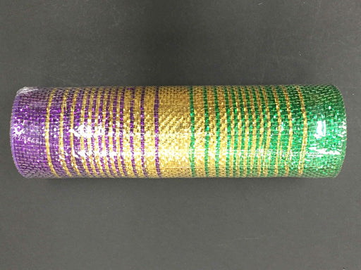 The 10X10Y Mardi Gras Green Metallic Ombre Mesh, XB99110-17, features horizontal stripes in vibrant purple, gold, and green on dark gray. Ideal for Mardi Gras decorations, it is tightly wound with a slightly shiny texture.
