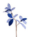 A branch adorned with blue and white patterned leaves, some with intricate florals and others solid blue, mirrors the elegance of the 27 Glitter Velvet Magnolia Leaf Spray XS253103 against a crisp white backdrop.