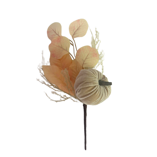 The 12 Beige Pumpkin Pick 84453-Beige features a fabric pumpkin with peach and cream faux leaves plus cream foliage on a brown stem, making it a charming decorative accent. Shown isolated on a white background.