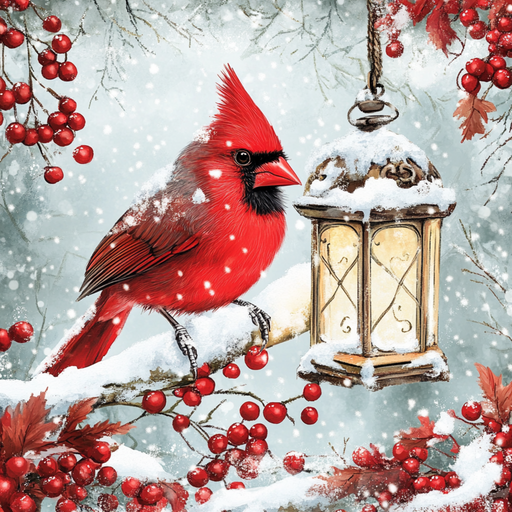 The 10 X 10 Cardinal on a Branch by a Lantern Sign -TTE-010 features a bright red cardinal on a snowy branch beside a glowing lantern sign, surrounded by red berries, snow-covered leaves, and gently falling snow.