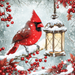 The 10 X 10 Cardinal on a Branch by a Lantern Sign -TTE-010 features a bright red cardinal on a snowy branch beside a glowing lantern sign, surrounded by red berries, snow-covered leaves, and gently falling snow.