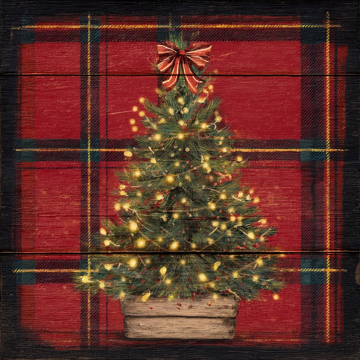 Classic Christmas tree metal sign with glowing lights and red bow on red and black plaid background, 10x10, perfect for wreaths or rustic holiday décor