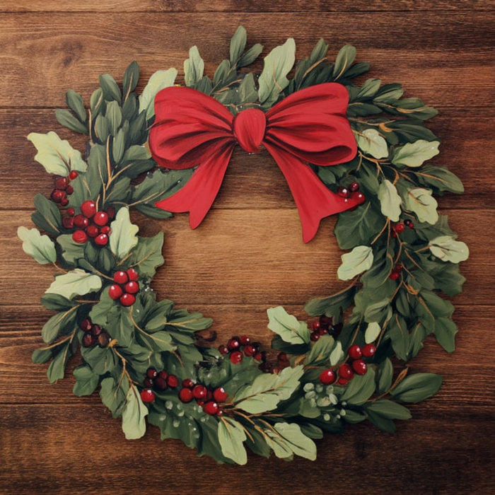 The 10" x 10" Classic Holly Wreath Red Bow Sign (TTE-342) features green leaves, red berries, and a large red bow on a wooden background—perfect for festive holiday décor.