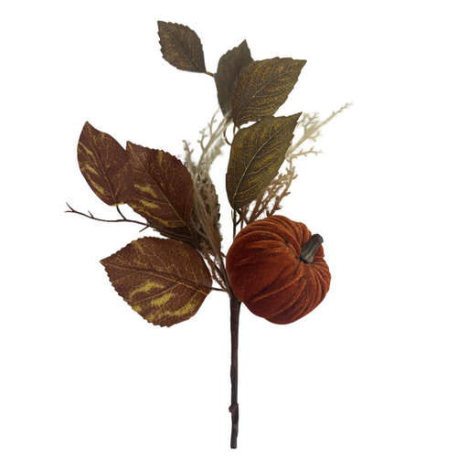 The 12 Dark Brown Pumpkin Pick 84453-DK.BRN features brown and yellow leaves, wispy beige foliage, and a small orange velvet pumpkin on a long branch, perfect for autumn decor.