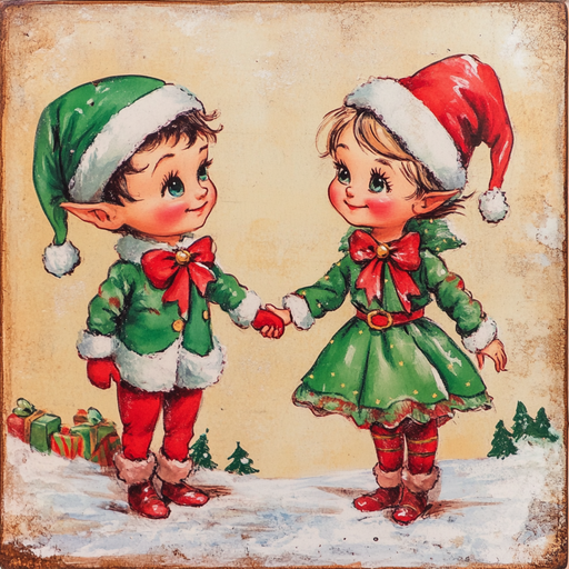 The 10 x 10 Classic Christmas Elves Holding Hands Sign (TTE-006) features two vintage-style elves in festive outfits standing on snow with presents and trees in the background for a charming holiday display.