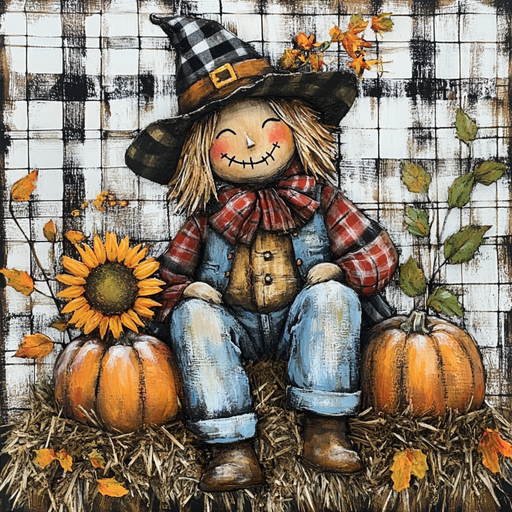 The 10 x 10 Joyful Fall Scarecrow Sign (TTE-037) adds warmth to any space, featuring a cheerful scarecrow with a checkered hat and red plaid shirt, surrounded by pumpkins, a sunflower, and autumn leaves against a black and white checkered backdrop.