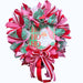 The Mint Ho Ho Ho Christmas Completed Wreath features pink, green, and red ribbons around a sign with Santa Claus and the festive message Ho Ho Ho in green and red letters.