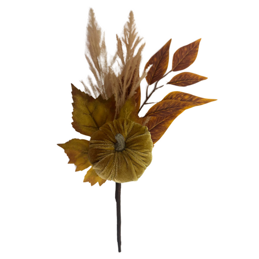 The 12 Light Brown Pumpkin Pick (84453-LT.BRN) features a light brown pumpkin, brown and yellow autumn leaves, and beige dried grasses on a single brown stem.
