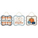 Three assorted 7L x 6H tin matte fall signs in autumn, navy, and smoke blue feature “welcome” on plaid, “Hand Picked Farm Fresh Pumpkins,” and pumpkin-themed autumn decor.
