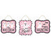 The 3Asst 7Lx6H Tin Matte Ghost Signs Black/White/Pink MD120822 include three cute ghost-themed signs: The Boo Crew (3 ghosts), HEY Boo! (1 ghost), and happy HAUNTING (ghost and bats) on black, white, and pink backgrounds.