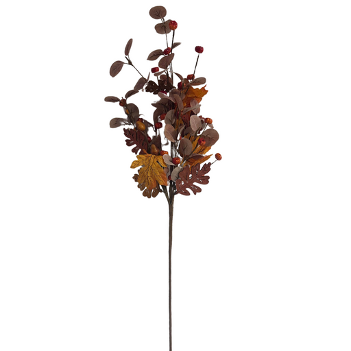 The 30 Oak Leaf Eucalyptus 64355 features brown, orange, and yellow oak leaves with small red berries on a dark brown stem and eucalyptus accents, perfect for autumn decor.