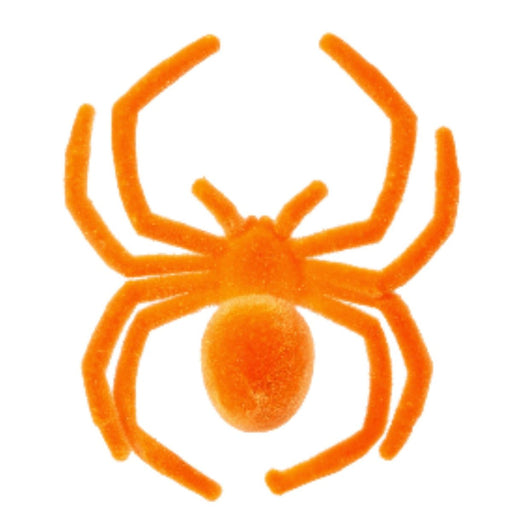 A 6.75" flocked orange spider  (product 4540845) is shown as a Halloween decoration on a white background. 
