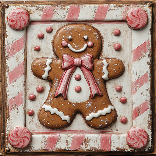 The 10" x 10" Pastel Gingerbread Sign TTE-109 showcases a charming decorative gingerbread figure adorned with a pink bow tie, framed by candy-themed accents in soft pink and white hues on a rustic metal square. The background is decorated with whimsical diagonal stripes and polka dots in pink and white, perfectly capturing the playful essence of the TTE-109 design.
