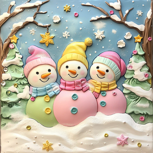 The 10" x 10" Pastel Snowmen Sign TTE-079 features three smiling snowmen adorned with pastel hats and scarves, standing amidst the snow. They are surrounded by falling snowflakes and snow-covered trees decorated with colorful ornaments, all beneath a cheerful light blue sky.