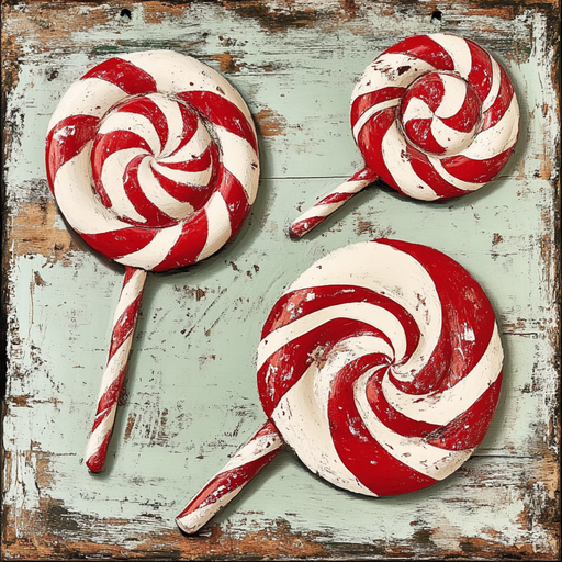 A rustic weathered wooden board with a distressed teal finish features three large red and white swirled peppermint lollipops, enhancing the vintage charm of this 10" x 10" Peppermint Lollipops Sign (TTE-002).