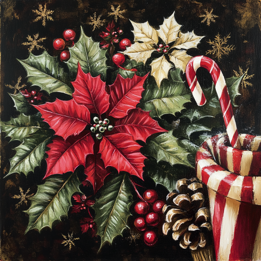 The 10" x 10" Red and White Poinsettias with Candy Cane Sign TTE-014 is a festive Christmas-themed arrangement that showcases red and white poinsettias, holly leaves, a candy cane sign nestled among red berries and a pine cone—all set against a dark background adorned with subtle gold snowflakes.