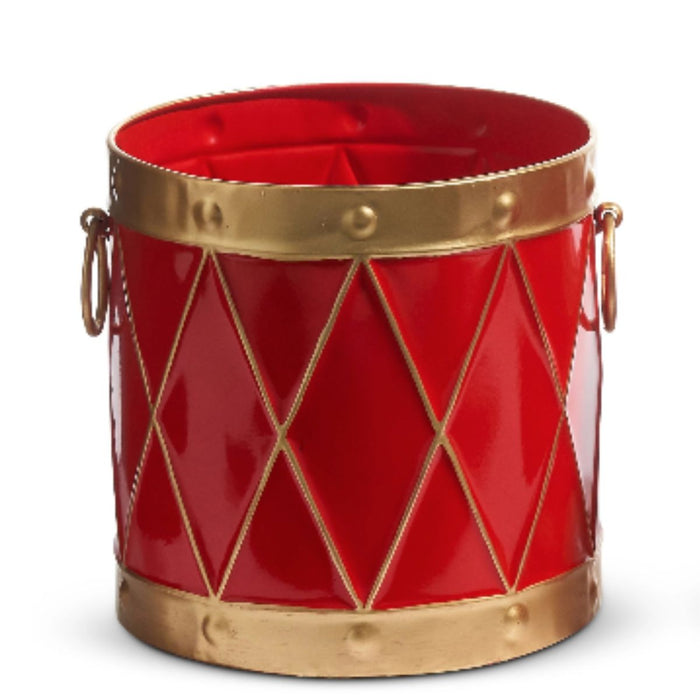 9" Red and Gold Drum Containers (4425918) are festive, cylindrical metal tins with gold diamond patterns, rims, and handles—resembling toy drums—ideal for Christmas Shoppe décor. 