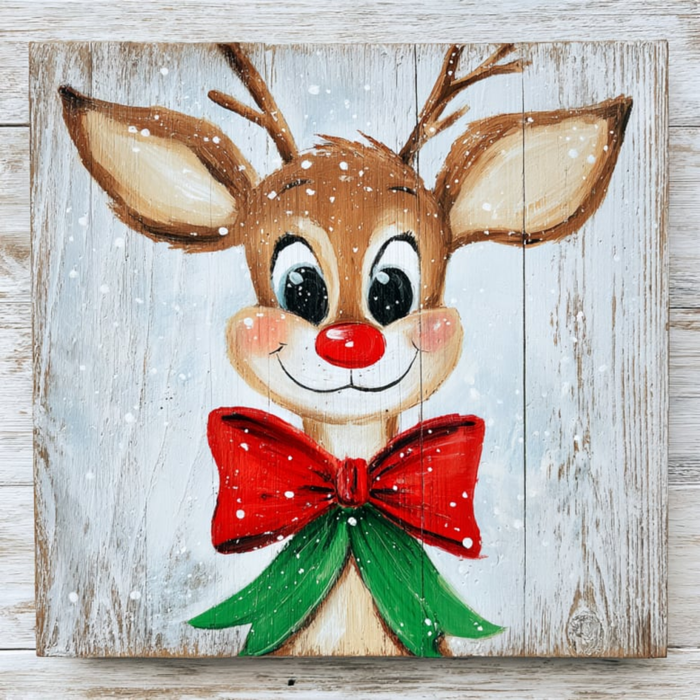The 10" x 10" Red-Nosed Reindeer with Red Bow TTE-339 is a painted wooden sign featuring a cheerful cartoon reindeer, big red nose, large eyes, festive bow, snowflakes, and rustic wood details—perfect for holiday décor.