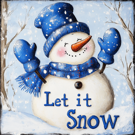 A joyful snowman with a blue hat, scarf, and mittens stands in a snowy scene as gentle snowflakes fall. Let it Snow decorates the charming metal sign—perfect for your winter home decor. Product: 10 x 10 Let It Snow Sign TTE-167.