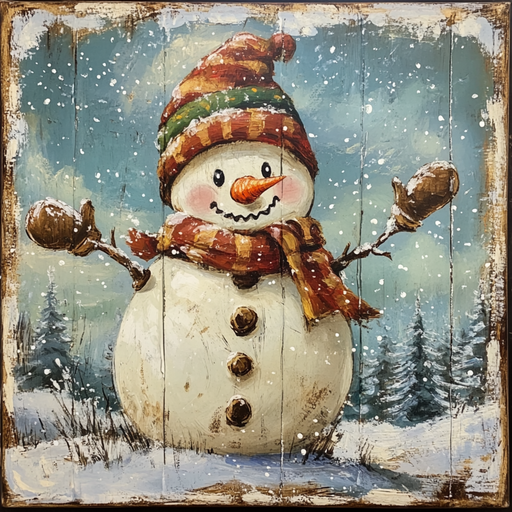A festive scene is captured in the 10" x 10" Snowman with Toboggan & Mittens Sign TTE-025, featuring a joyful snowman adorned with a vibrant hat, scarf, and mittens. Nestled in a snowy landscape, the background highlights snow-covered trees under a cloudy sky. The snowman boasts a carrot nose and stick arms as delicate snowflakes drift around him.