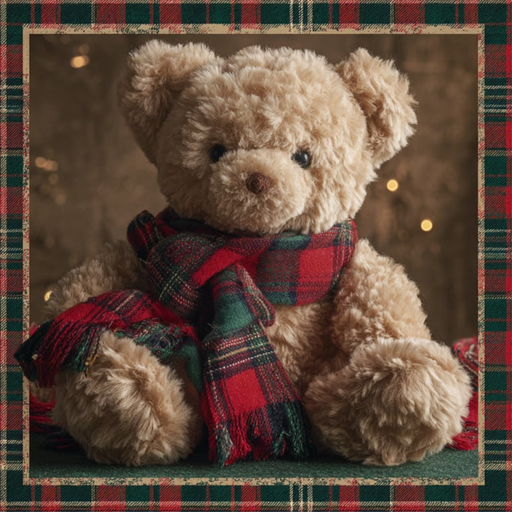 Whimsical teddy bear Christmas sign featuring a plush tan bear wearing a red and green tartan scarf with a plaid border, exclusive 10x10 metal holiday sign 