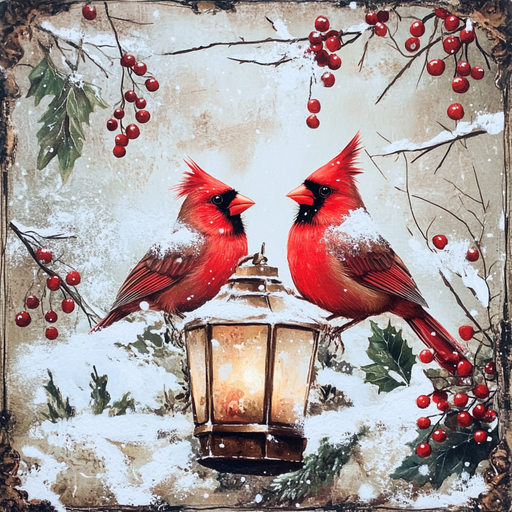 A cozy and festive ambiance is created by the Pair of Cardinals on a Lantern Sign (TTE-009), featuring two vibrant red cardinals perched on a metal lantern adorned with branches and red berries amidst a wintry setting.
