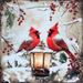 A cozy and festive ambiance is created by the Pair of Cardinals on a Lantern Sign (TTE-009), featuring two vibrant red cardinals perched on a metal lantern adorned with branches and red berries amidst a wintry setting.